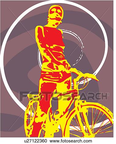 Front view of a person standing with bicycle View Large Illustration Clipart - Front view of a person standing with bicycle. Fotosearch