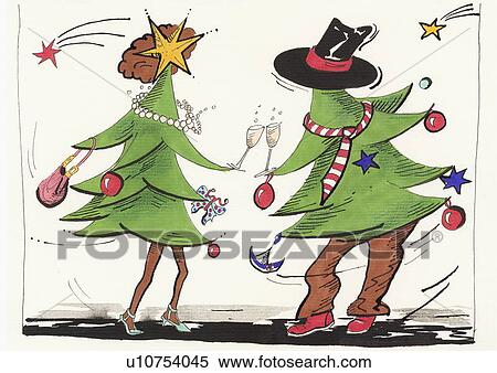 Stock Illustration - Male and female Christmas trees dancing together. Fotosearch