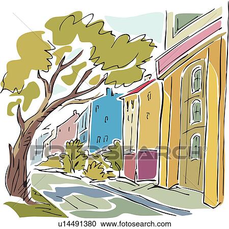 Row of houses with sidewalk and tree View Large Illustration Clipart - Row of houses with sidewalk and tree. Fotosearch