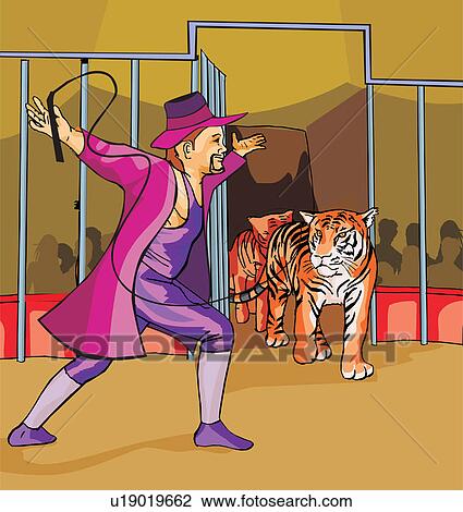 Drawing - Side view of ringmaster with tigers in circus. Fotosearch