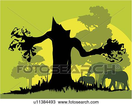 Silhouette of tree and elephants View Large Illustration Drawing - Silhouette of tree and elephants. Fotosearch