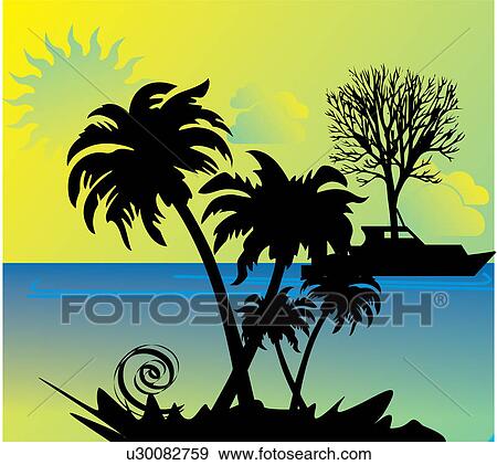 Silhouette of trees and boat on river View Large Illustration Stock Illustration - Silhouette of trees and boat on river. Fotosearch