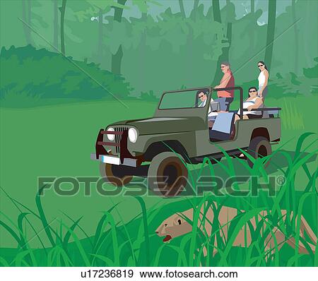 Stock Illustration - Tourists in safari vehicle looking at tiger. Fotosearch