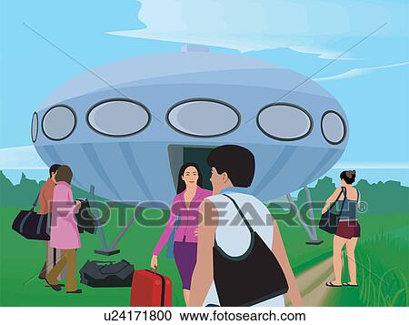 Tourists with their luggage by UFO View Large Illustration Clipart - Tourists with their luggage by UFO. Fotosearch