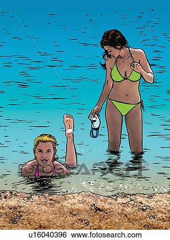 Stock Illustration - Two women on the beach in water. Fotosearch