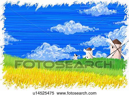 Windmills in the countryside View Large Illustration Stock Illustration - Windmills in the countryside. Fotosearch