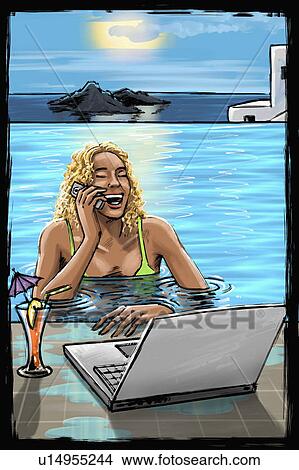 Stock Illustration - Woman in pool on phone with laptop. Fotosearch