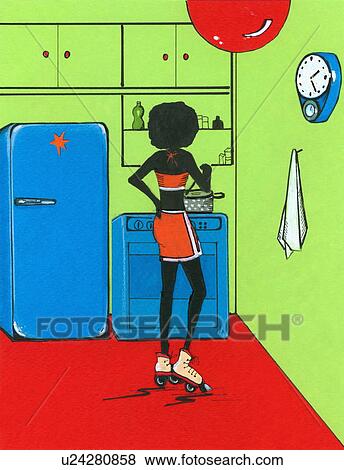 Woman in rollerskates in kitchen cooking View Large Illustration Stock Illustration - Woman in rollerskates in kitchen cooking. Fotosearch