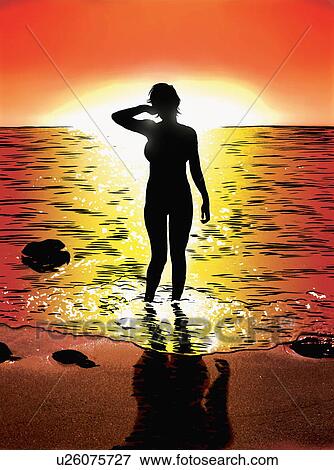 Woman on beach at sunset View Large Illustration Stock Illustration - Woman on beach at sunset. Fotosearch