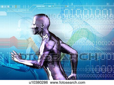 Stock Illustration - Metallic human form superimposed on binary code pattern. Fotosearch