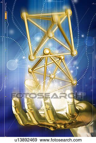 Stock Illustration - Metallic human hand superimposed on a glowing background. Fotosearch