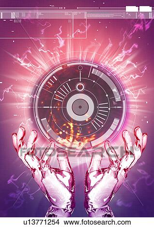 Metallic human hands superimposed on a glowing background View Large Illustration Stock Illustration - Metallic human hands superimposed on a glowing background. Fotosearch