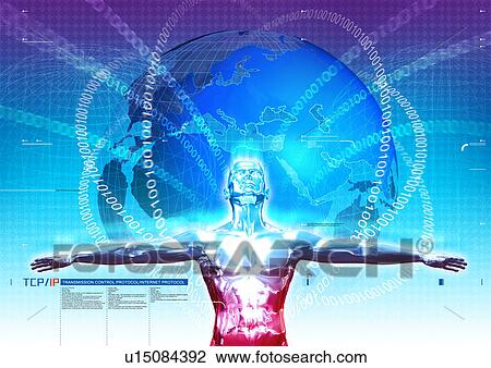 Metallic human torso superimposed on a pattern of binary code View Large Illustration Drawing - Metallic human torso superimposed on a pattern of binary code. Fotosearch