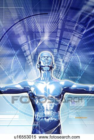 Stock Illustration - Metallic human torso superimposed on a blue background. Fotosearch