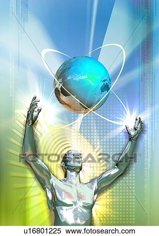 Stock Illustration - Metallic human torso superimposed on a glowing background. Fotosearch