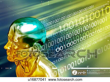 Clip Art - Binary code emitting from a metallic human head. Fotosearch