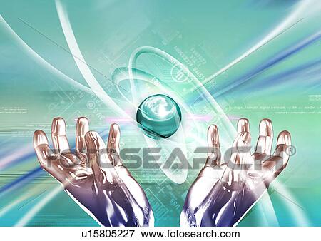 Green sphere in metallic human hands View Large Illustration Stock Illustration - Green sphere in metallic human hands. Fotosearch