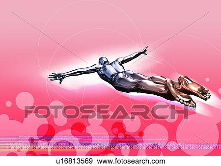 Metallic human form diving into a red background View Large Illustration Stock Illustration - Metallic human form diving into a red background. Fotosearch