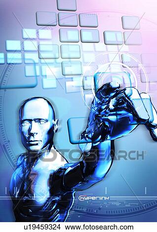 Metallic human form superimposed on a blue background View Large Illustration Stock Illustration - Metallic human form superimposed on a blue background. Fotosearch