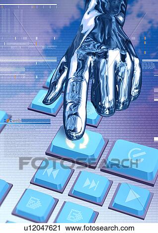 Metallic human hand superimposed on a blue background View Large Illustration Clip Art - Metallic human hand superimposed on a blue background. Fotosearch