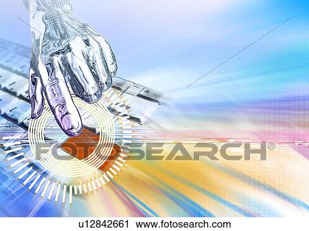 Clip Art - Metallic human hand superimposed on a glowing background. Fotosearch