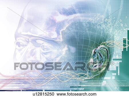 Clipart - Metallic human head superimposed on a glowing background. Fotosearch