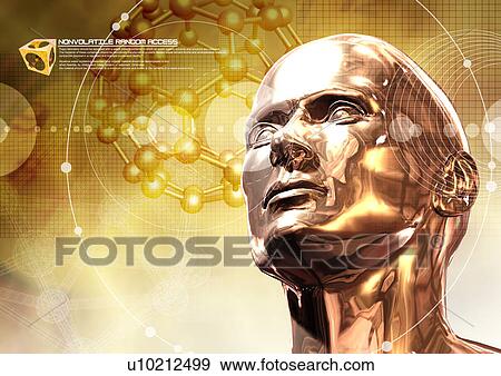Stock Illustration - Metallic human head superimposed on a glowing background. Fotosearch