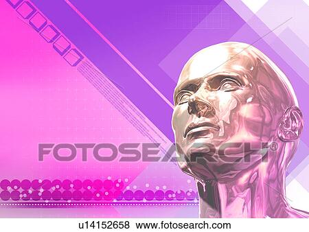Metallic human head superimposed on a purple background View Large Illustration Stock Illustration - Metallic human head superimposed on a purple background. Fotosearch