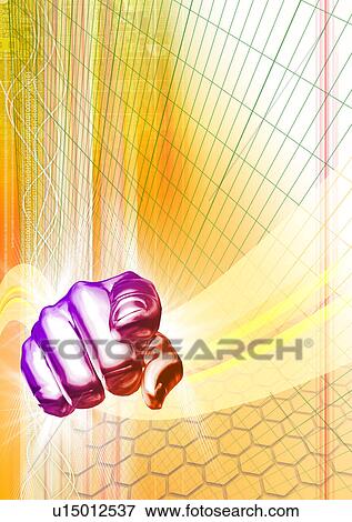 Stock Illustration - Person's hand pointing forward superimposed on a glowing background. Fotosearch