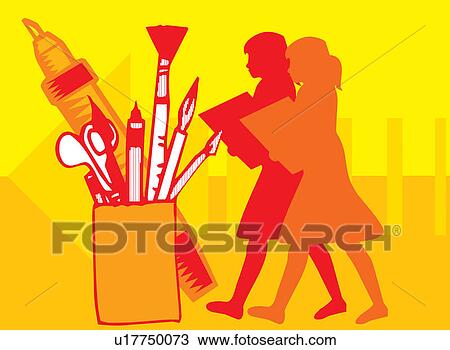 Assortment of paintbrushes in a holder View Large Illustration Drawing - Assortment of paintbrushes in a holder . Fotosearch