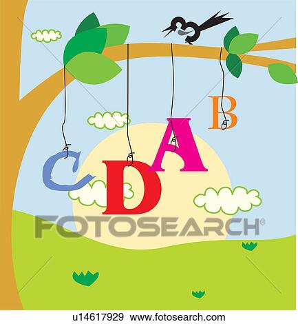 Bird perching on branch and alphabet hanging below View Large Illustration Stock Illustration - Bird perching on branch and alphabet hanging below . Fotosearch