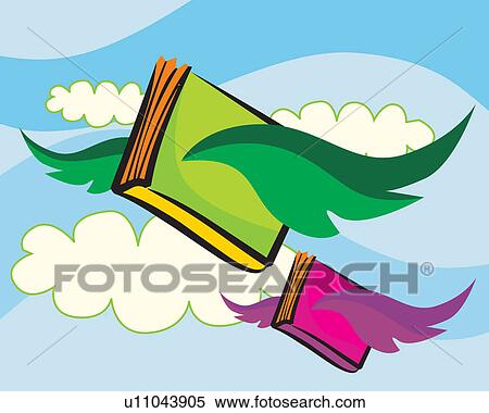 Stock Illustration - Books flying in the cloudy Sky . Fotosearch