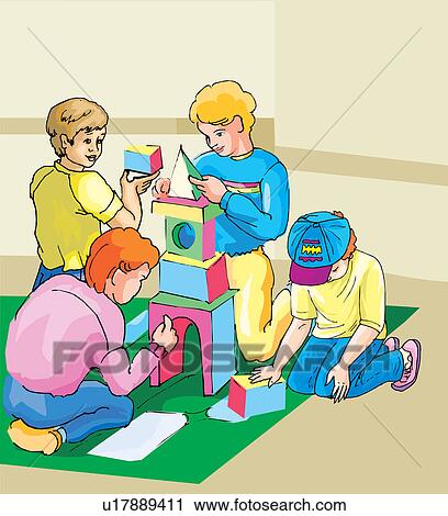 Children playing block game View Large Illustration Clip Art - Children playing block game . Fotosearch