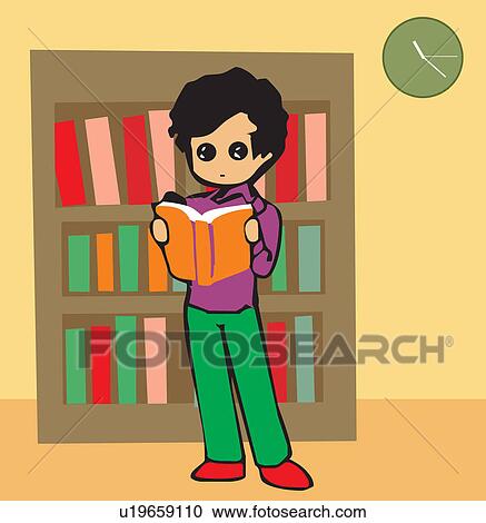 Front view of a boy reading book View Large Illustration Clipart - Front view of a boy reading book. Fotosearch