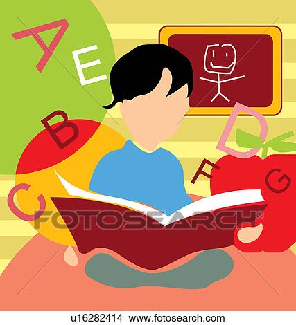 Stock Illustration - Front view of a boy studying book. Fotosearch