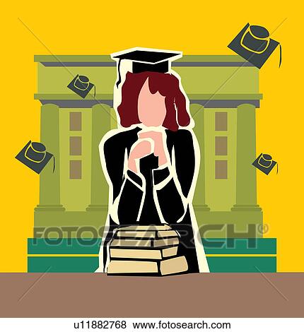 Stock Illustration - Front view of a graduate woman standing by the campus. Fotosearch