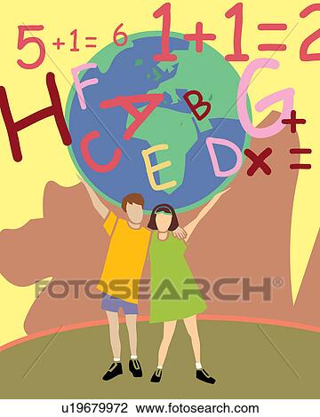 Front view of children carrying globe View Large Illustration Drawing - Front view of children carrying globe. Fotosearch