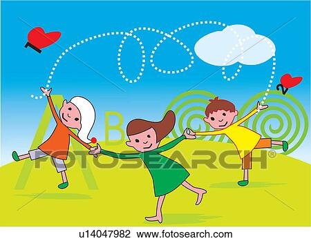 Front view of children playing in a park View Large Illustration Drawing - Front view of children playing in a park . Fotosearch
