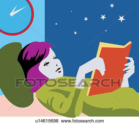Girl reading book while lying on bed View Large Illustration Stock Illustration - Girl reading book while lying on bed. Fotosearch
