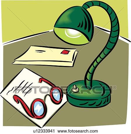 Lamp with letter and eyeglasses on table View Large Illustration Clip Art - Lamp with letter and eyeglasses on table. Fotosearch