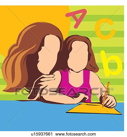 Mother teaching her daughter View Large Illustration Clip Art - Mother teaching her daughter . Fotosearch