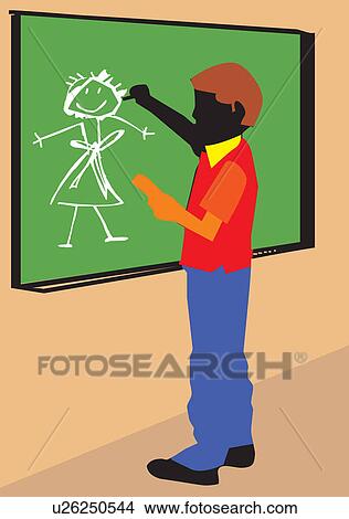 Side view of a boy making drawing on board View Large Illustration Stock Illustration - Side view of a boy making drawing on board . Fotosearch