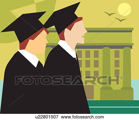 Stock Illustration - Side view of graduates standing by the university. Fotosearch