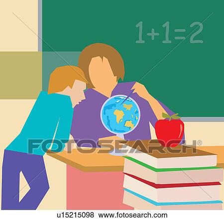 Stock Illustration - Teacher showing globe to student. Fotosearch