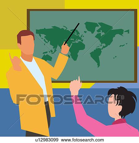 Stock Illustration - Teacher showing world map to student in geography class . Fotosearch