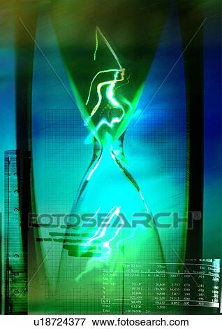 Stock Illustration - Close-up of an hourglass superimposed on a blue and green background. Fotosearch