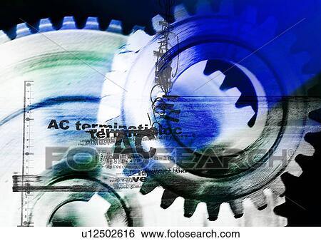Stock Illustration - Close-up of gear wheels superimposed on a blue background. Fotosearch