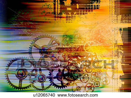 Clipart - Gear wheels superimposed on a multi colored background. Fotosearch