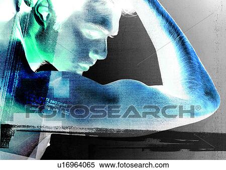 Side profile of a man superimposed on a blue and grey background View Large Illustration Stock Illustration - Side profile of a man superimposed on a blue and grey background. Fotosearch