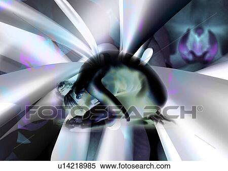 Stock Illustration - Side profile of a woman crouching against a grey background. Fotosearch
